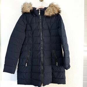 Laundry by Shelli Segal Puffer Coat Navy Faux Fur Hood Women's M Water Resistant